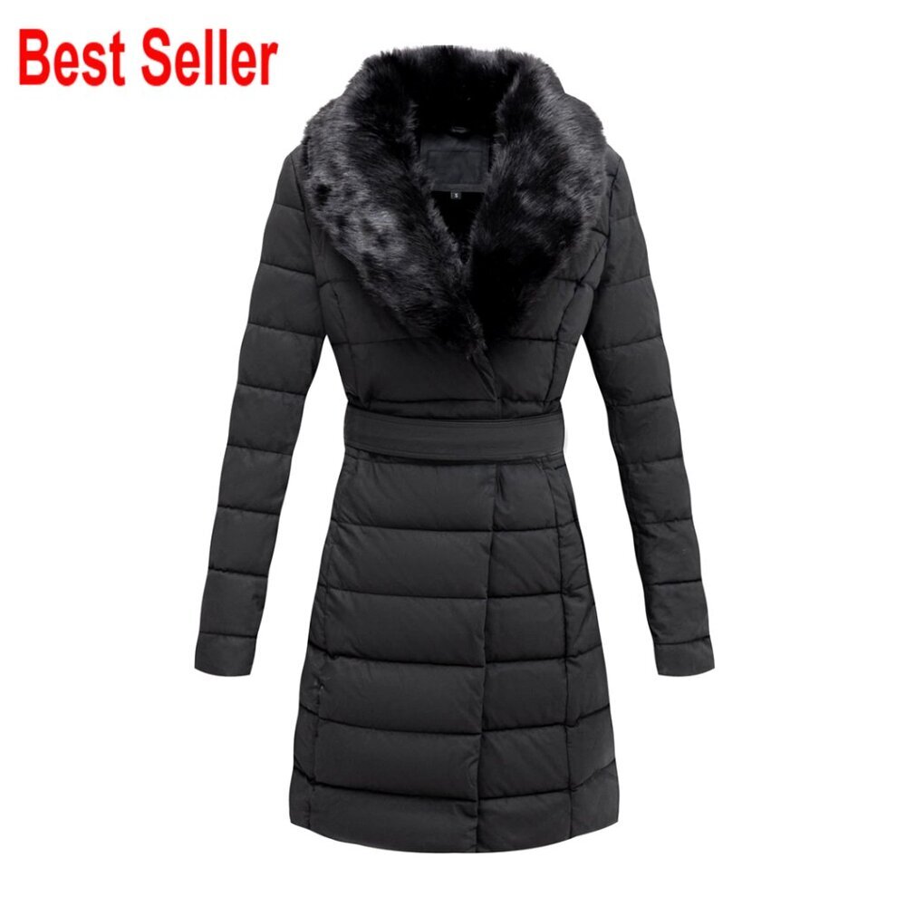Women's Winter Puffer Jacket with Removable Fur Collar and Belt